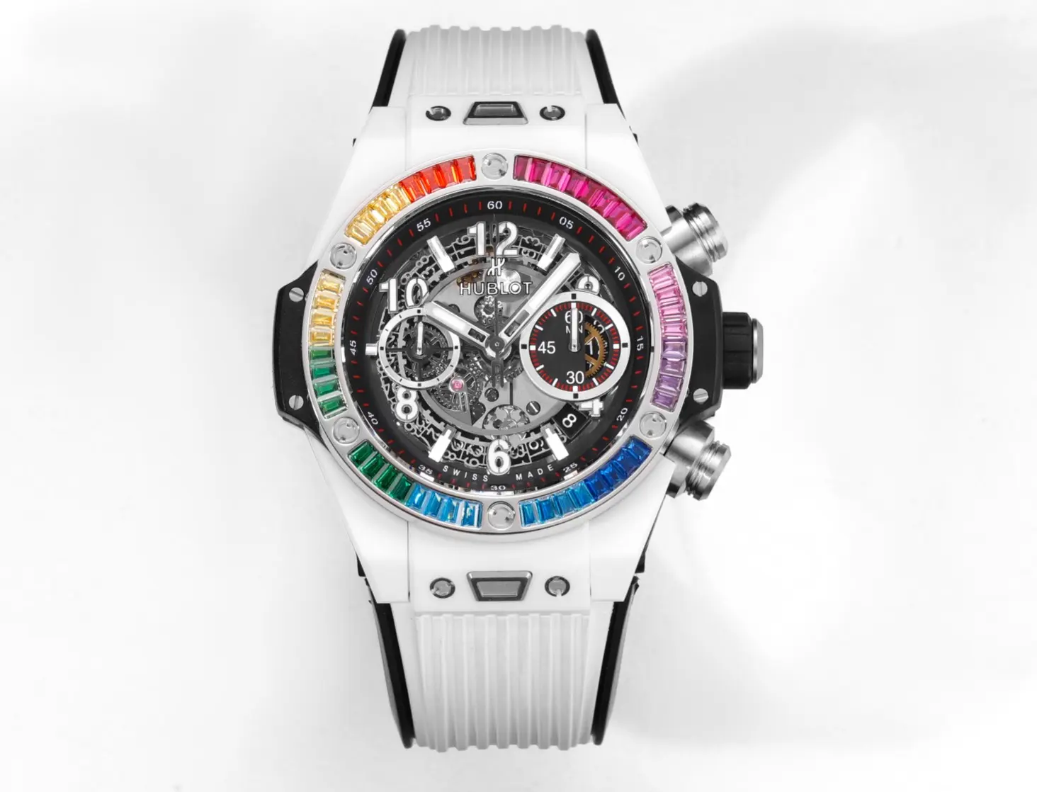 APS Factory Hublot Big Bang Unico Rainbow Ceramic Watch - White with Multicolor Bezel, Automatic Chronograph, 45mm, Super Clone Edition