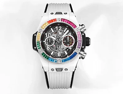 JB Factory Hublot Big Bang Unico Rainbow Ceramic Watch - White with Multicolor Bezel, Automatic Chronograph, 45mm, Super Clone Edition