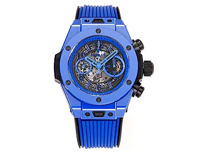 GS Factory Hublot Big Bang Unico Blue Ceramic Chronograph Watch - 45mm Rubber Strap, Super Clone Edition