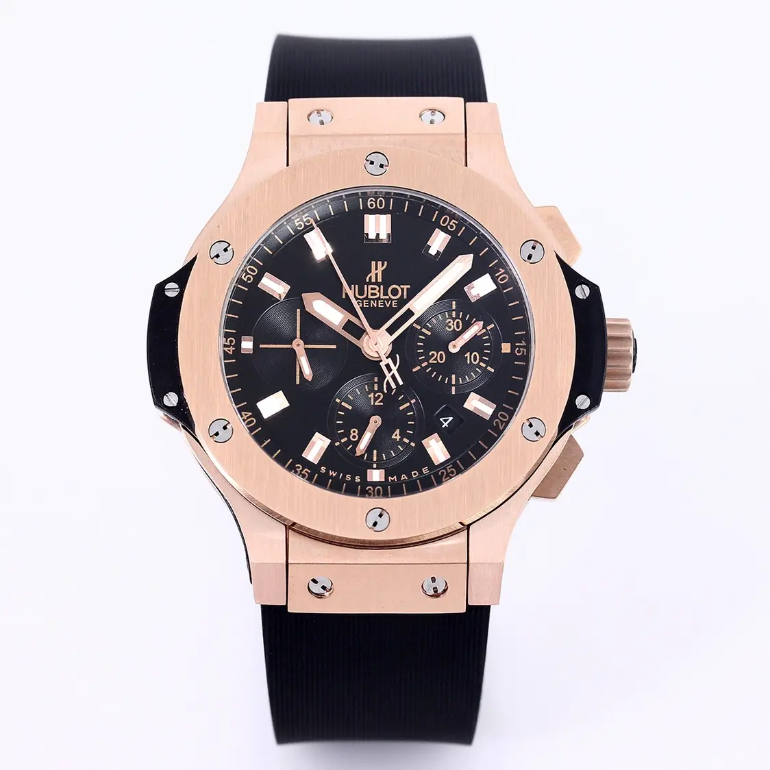 WWF Factory Hublot Big Bang 44mm Rose Gold Black Dial Rubber Strap Chronograph Super Clone Watch
