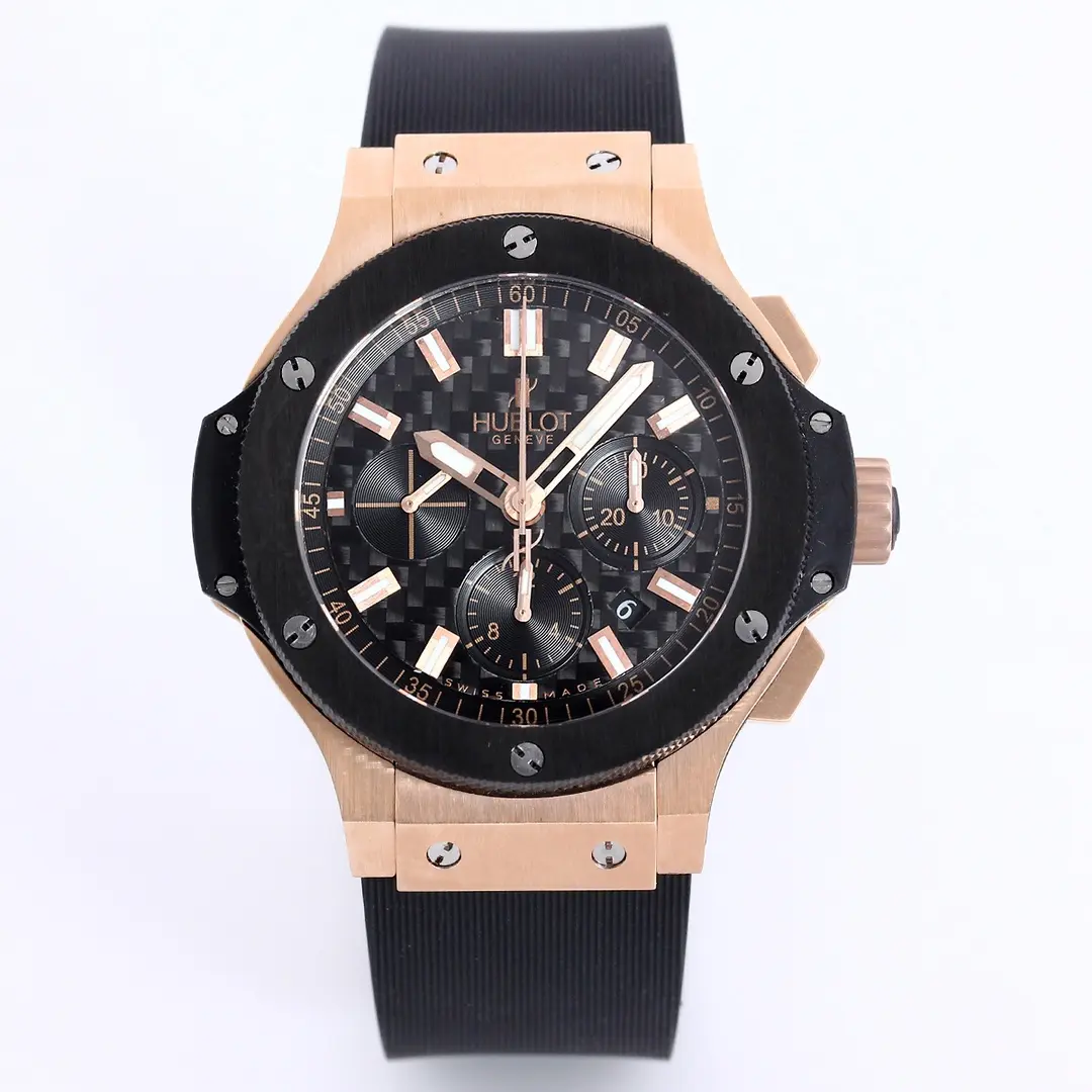 V6 Factory Hublot Big Bang 44mm Rose Gold Black Dial Chronograph Watch with Rubber Strap - Super Clone Edition