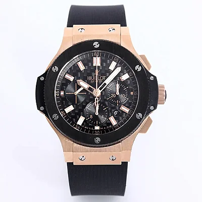 V6 Factory Hublot Big Bang 44mm Rose Gold Black Dial Chronograph Watch with Rubber Strap - Super Clone Edition