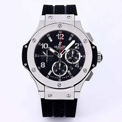 GS Factory Hublot Big Bang 44mm Black Dial Chronograph Watch with Rubber Strap - Silver Case | Super Clone Edition