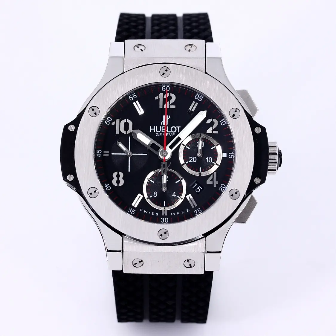 TW Factory Hublot Big Bang 44mm Black Dial Chronograph Watch with Rubber Strap - Silver Case | Super Clone Edition