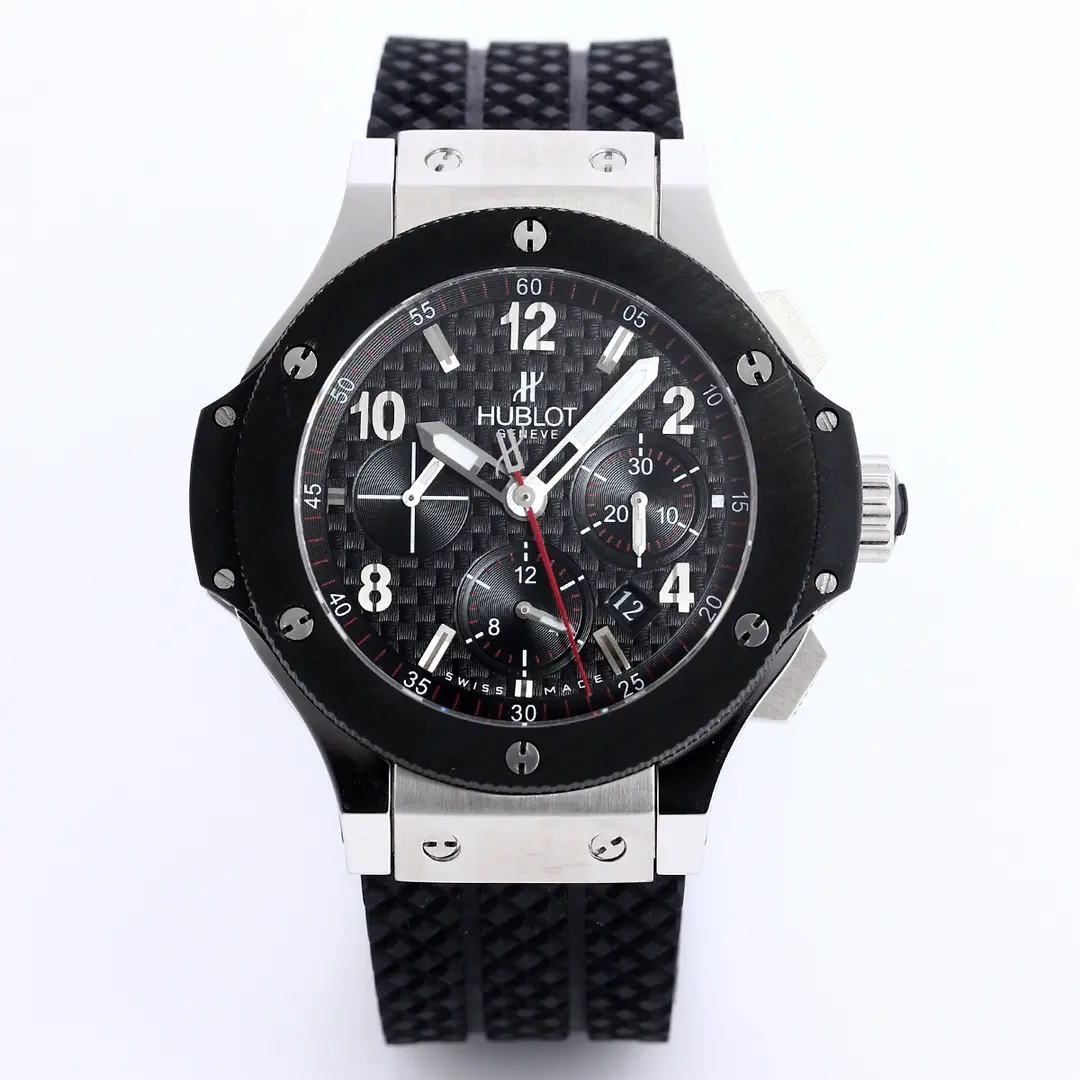 APS Factory Hublot Big Bang 44mm Black Ceramic &amp; Stainless Steel Chronograph Watch with Rubber Strap - Super Clone Edition