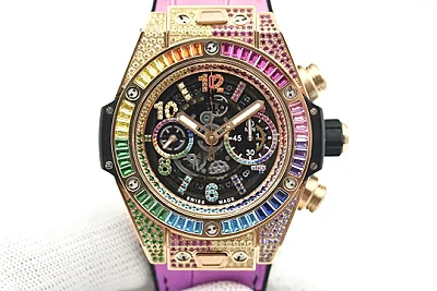 TMF Factory Hublot Big Bang Rainbow 44mm Chronograph Watch with Pink Rubber Strap - Super Clone Edition