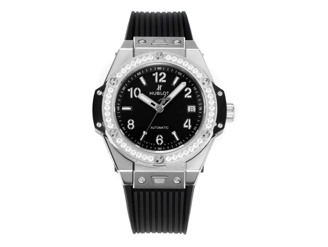 WWF Factory Hublot Big Bang One-Click 39mm Stainless Steel White Pave Watch with Black Strap - Super Clone Edition