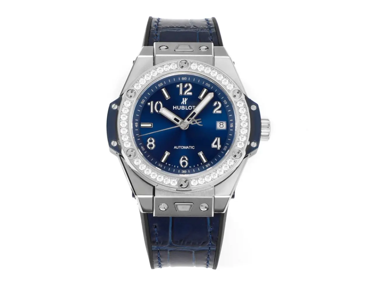 V6 Factory HUBLOT Big Bang One-Click 39mm Stainless Steel White Diamond-Set Watch with Blue Leather Strap - Super Clone Edition