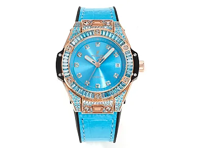 BB Factory HUBLOT Big Bang One-Click 39mm Stainless Steel Rainbow Watch - Blue Dial, Rose Gold and Diamond Bezel, Blue Leather Strap, Best Replica Watch