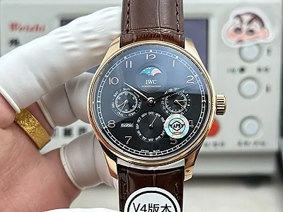 IWC Portugieser Perpetual Calendar Black Dial Rose Gold Case Brown Leather Strap Men's Luxury Watch