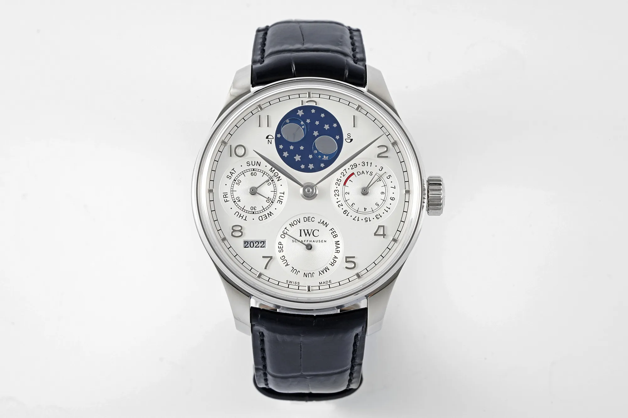 IWC Portugieser Perpetual Calendar Automatic Men's Watch - Silver Case, White Dial with Moon Phase, Black Leather Strap