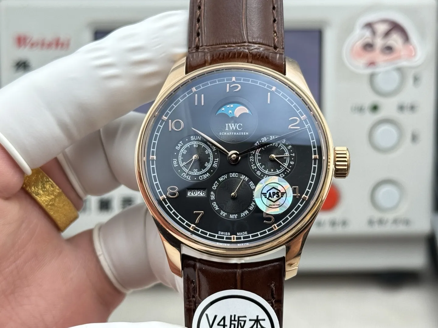 APS Factory IWC Portugieser Perpetual Calendar Black Dial Rose Gold Case Brown Leather Strap Men's Luxury Watch