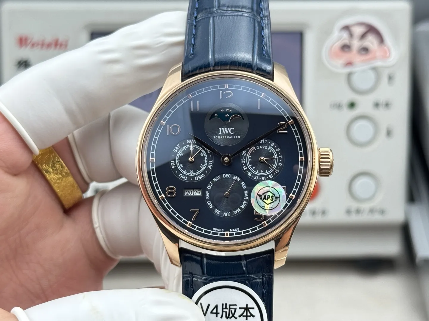 APS Factory IWC Portugieser Perpetual Calendar Automatic Men's Watch - Navy Blue Dial, Moonphase, Blue Leather Strap, Rose Gold Case