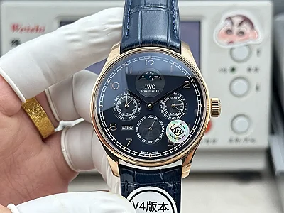APS Factory IWC Portugieser Perpetual Calendar Automatic Men's Watch - Navy Blue Dial, Moonphase, Blue Leather Strap, Rose Gold Case