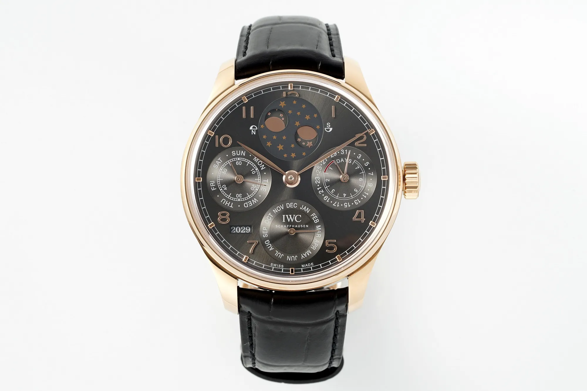 APS Factory IWC Portugieser Perpetual Calendar Rose Gold Automatic Men's Watch with Black Dial and Leather Strap