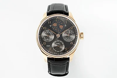 APS Factory IWC Portugieser Perpetual Calendar Rose Gold Automatic Men's Watch with Black Dial and Leather Strap