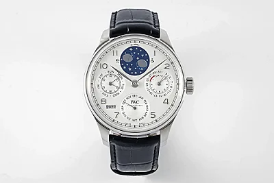 APS Factory IWC Portugieser Perpetual Calendar Automatic Men's Watch - Silver Case, White Dial with Moon Phase, Black Leather Strap