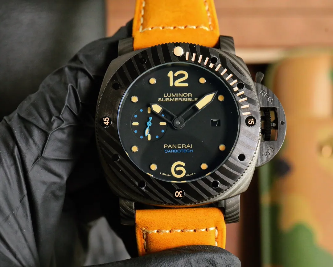 Panerai Luminor Submersible Black Ceramic Case Automatic Dive Watch with Orange Suede Strap