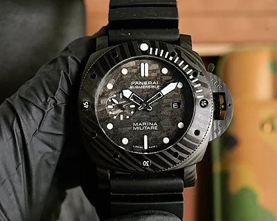 Panerai Submersible Marina Militare Carbotech Black Dial Automatic Dive Watch with Rubber Strap
