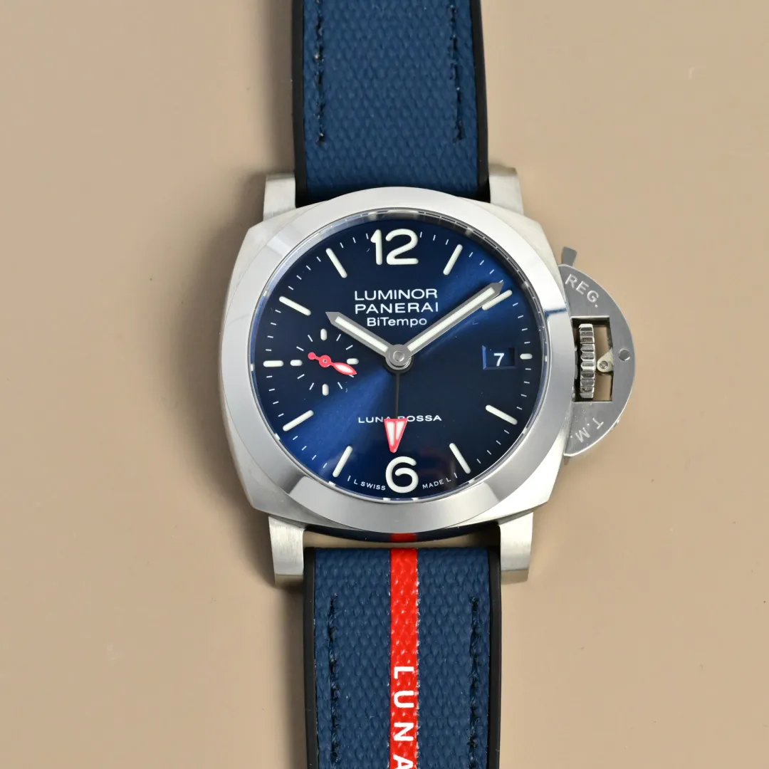 Panerai Luminor Luna Rossa Blue Dial Automatic Men's Watch with Navy Fabric Strap and Red Accents