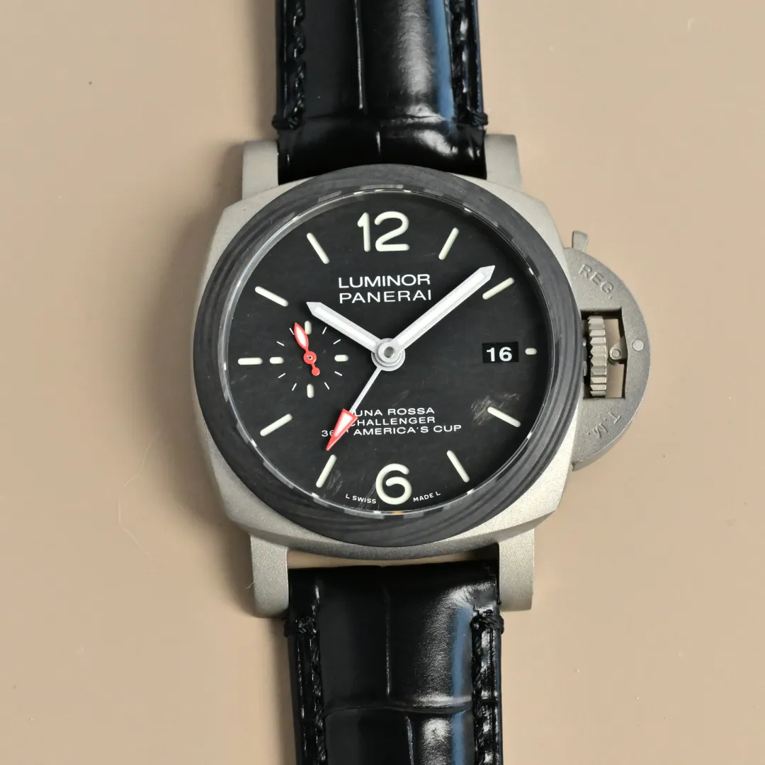 Panerai Luminor America's Cup Black Dial Silver Titanium Case Black Alligator Leather Strap Men's Luxury Watch