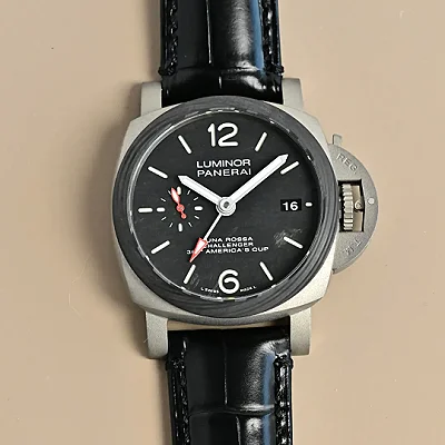 Panerai Luminor America's Cup Black Dial Silver Titanium Case Black Alligator Leather Strap Men's Luxury Watch