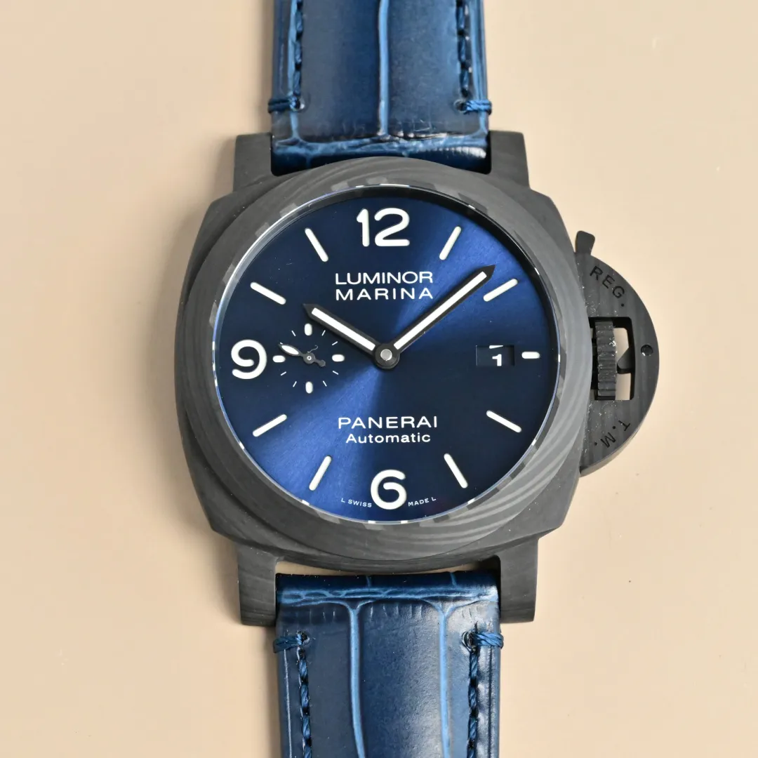 Panerai Luminor Marina Automatic Blue Dial Black Carbon Case Blue Alligator Leather Strap Men's Luxury Watch
