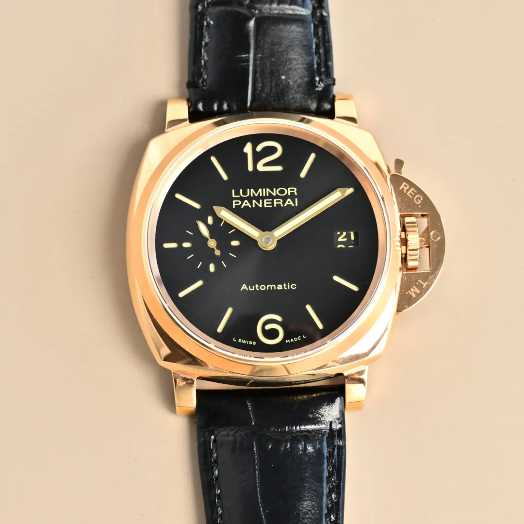 Panerai Luminor Automatic Black Dial Rose Gold Case Black Alligator Leather Strap Men's Luxury Watch
