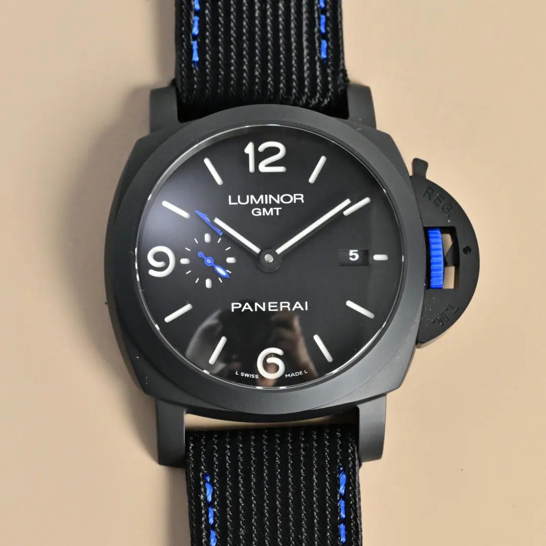 Panerai Luminor GMT Automatic Black Ceramic Dial Blue Accents Black Rubber Strap Men's Luxury Watch
