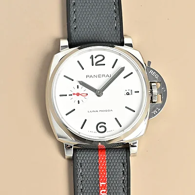 Panerai Luminor Luna Rossa Automatic White Dial Stainless Steel Case Grey Fabric Strap Men's Watch