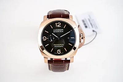 VS Factory Panerai Luminor Marina Automatic Rose Gold Case Black Dial Brown Leather Strap Men's Luxury Watch
