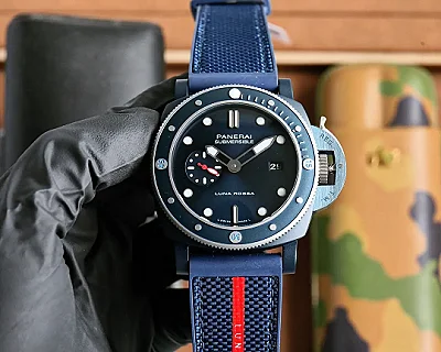 VS Factory Panerai Submersible Luna Rossa Blue Dial Navy Blue Fabric Strap with Red Stripe Men's Dive Watch