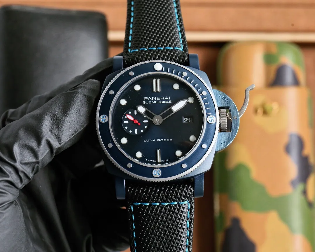 VS Factory Panerai Submersible Luna Rossa Blue Fabric Strap Black Dial Men's Dive Watch