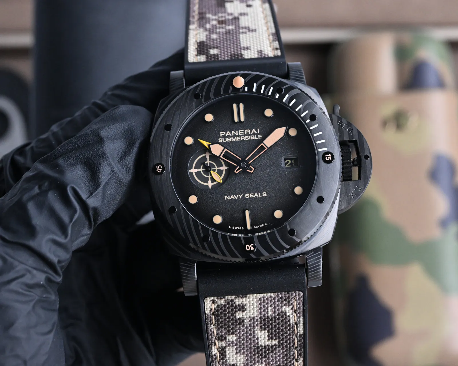 VS Factory Panerai Submersible Navy Seals Edition Black Ceramic Case with Camouflage Rubber Strap Automatic Men's Diver Watch