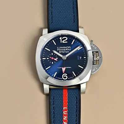 VS Factory Panerai Luminor Luna Rossa Blue Dial Automatic Men's Watch with Navy Fabric Strap and Red Accents