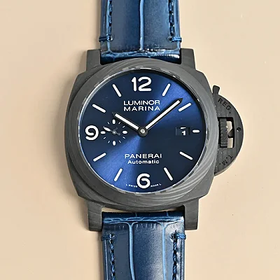 VS Factory Panerai Luminor Marina Automatic Blue Dial Black Carbon Case Blue Alligator Leather Strap Men's Luxury Watch