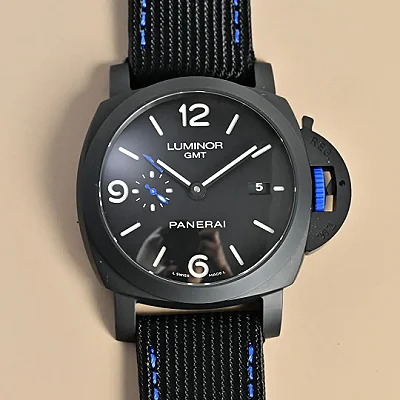 VS Factory Panerai Luminor GMT Automatic Black Ceramic Dial Blue Accents Black Rubber Strap Men's Luxury Watch