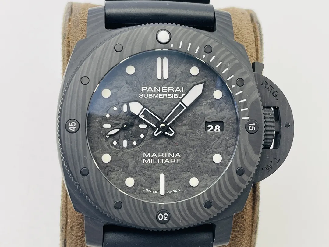 VS Factory Panerai Submersible Marina Militare Carbotech Automatic Men's Diver Watch - Black Dial with Gray Texture, Black Rubber Strap