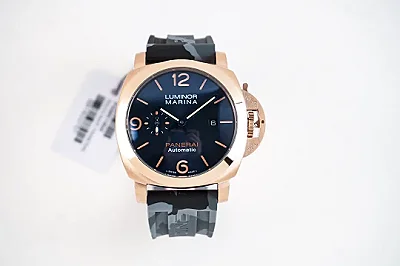 Panerai Luminor Marina Automatic Rose Gold Case Black Dial Camouflage Rubber Strap Men's Luxury Watch