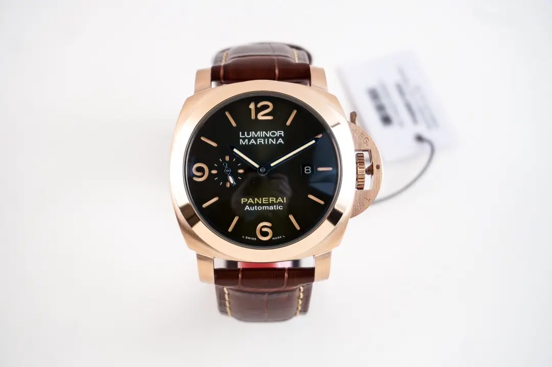 Panerai Luminor Marina Automatic Rose Gold Case Black Dial Brown Leather Strap Men's Luxury Watch