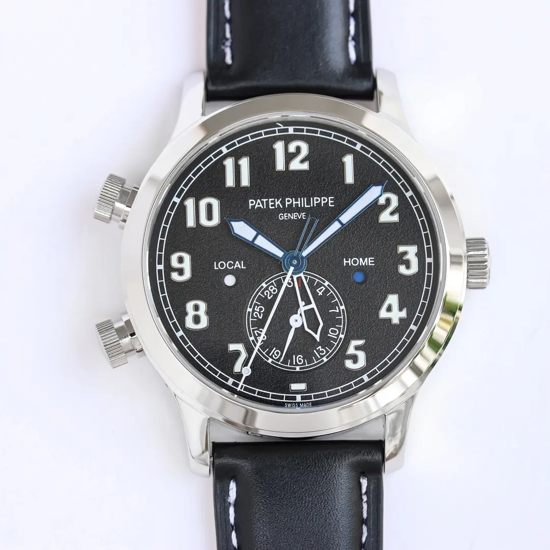 R8 Factory Patek Philippe Calatrava Pilot Travel Time Black Dial Super Clone Replica Watch