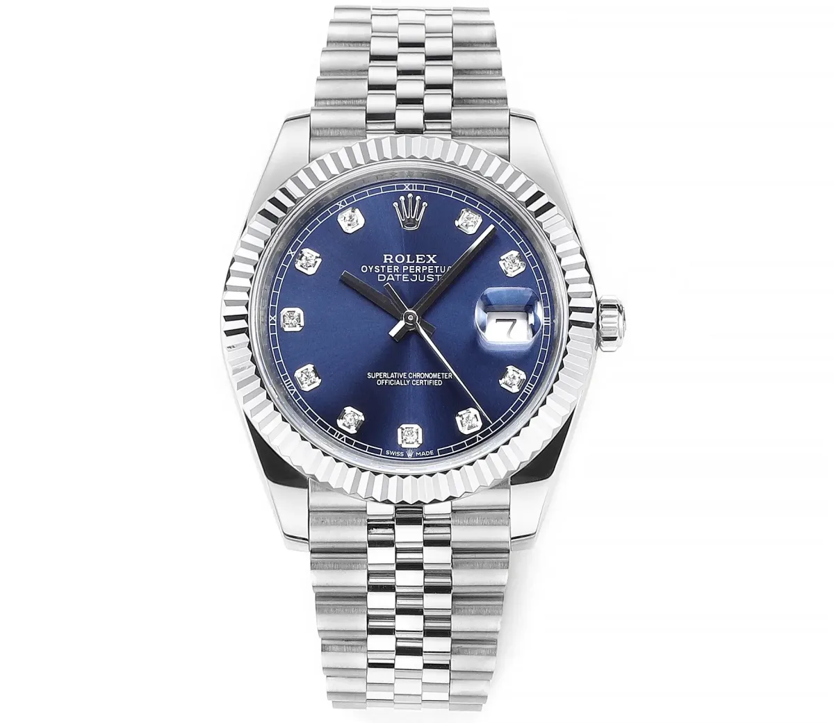 Rolex Datejust 41mm Watch - Silver with Blue Dial, Diamond Markers &amp; VSF Super Clone Quality