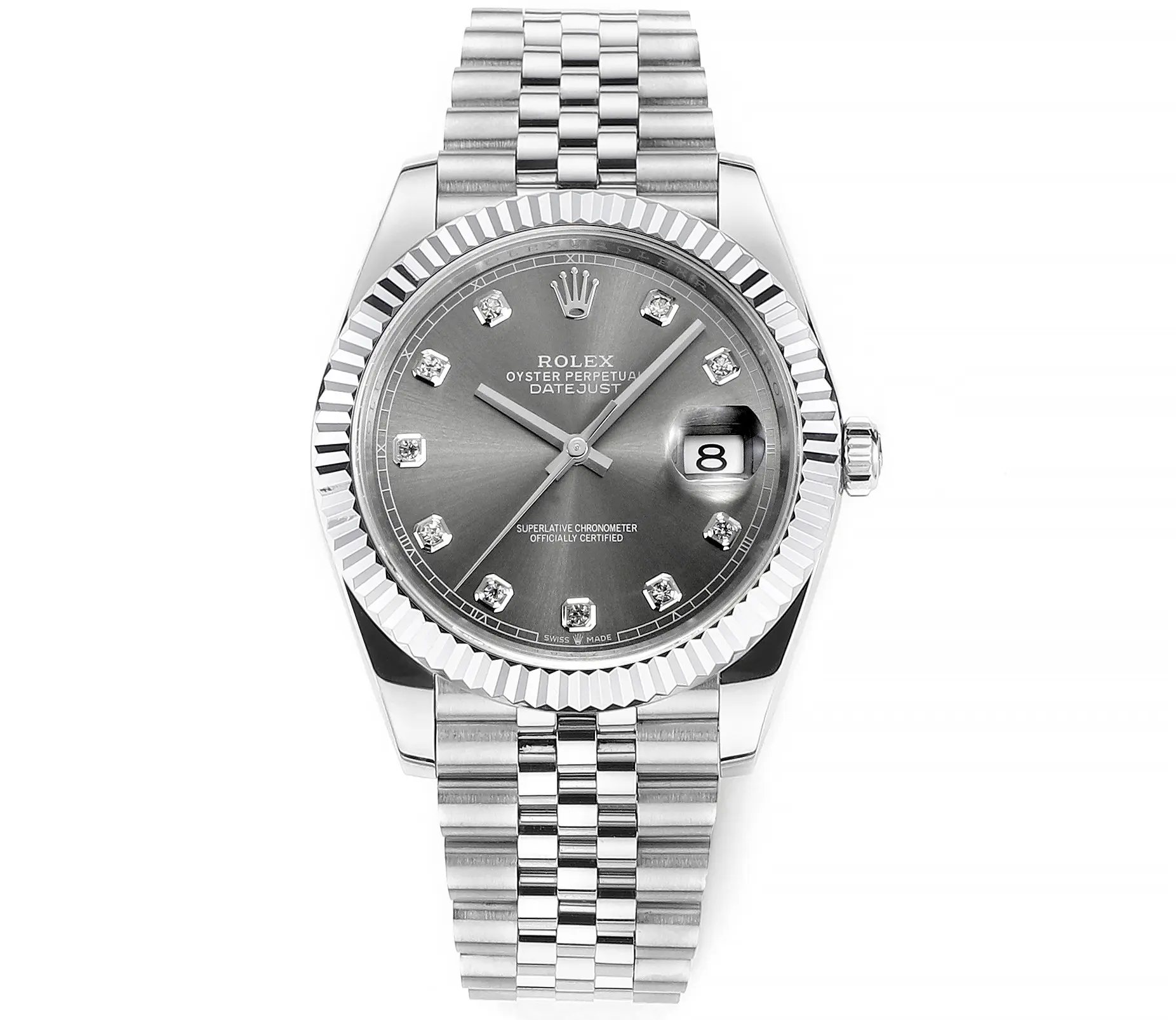 VS Factory Rolex Datejust 41mm Watch - Silver Dial, Diamond Markers, Stainless Steel Jubilee Bracelet, Super Clone VSF Rolex