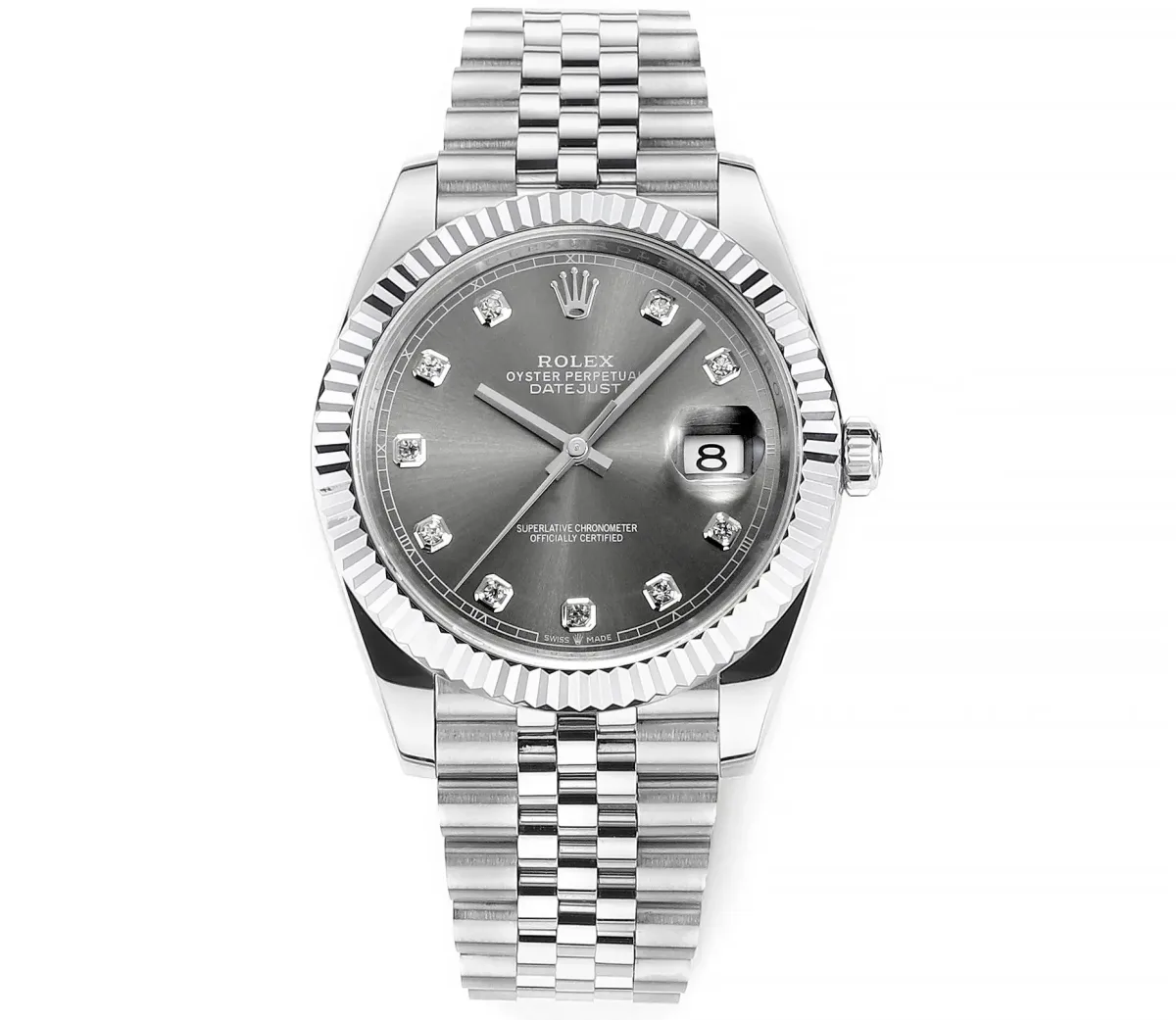 VS Factory Rolex Datejust 41mm Watch - Silver Dial, Diamond Markers, Stainless Steel Jubilee Bracelet, Super Clone VSF Rolex