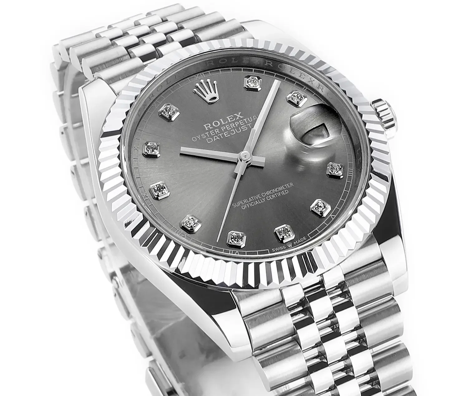 VS Factory Rolex Datejust 41mm Watch - Silver Dial, Diamond Markers, Stainless Steel Jubilee Bracelet, Super Clone VSF Rolex