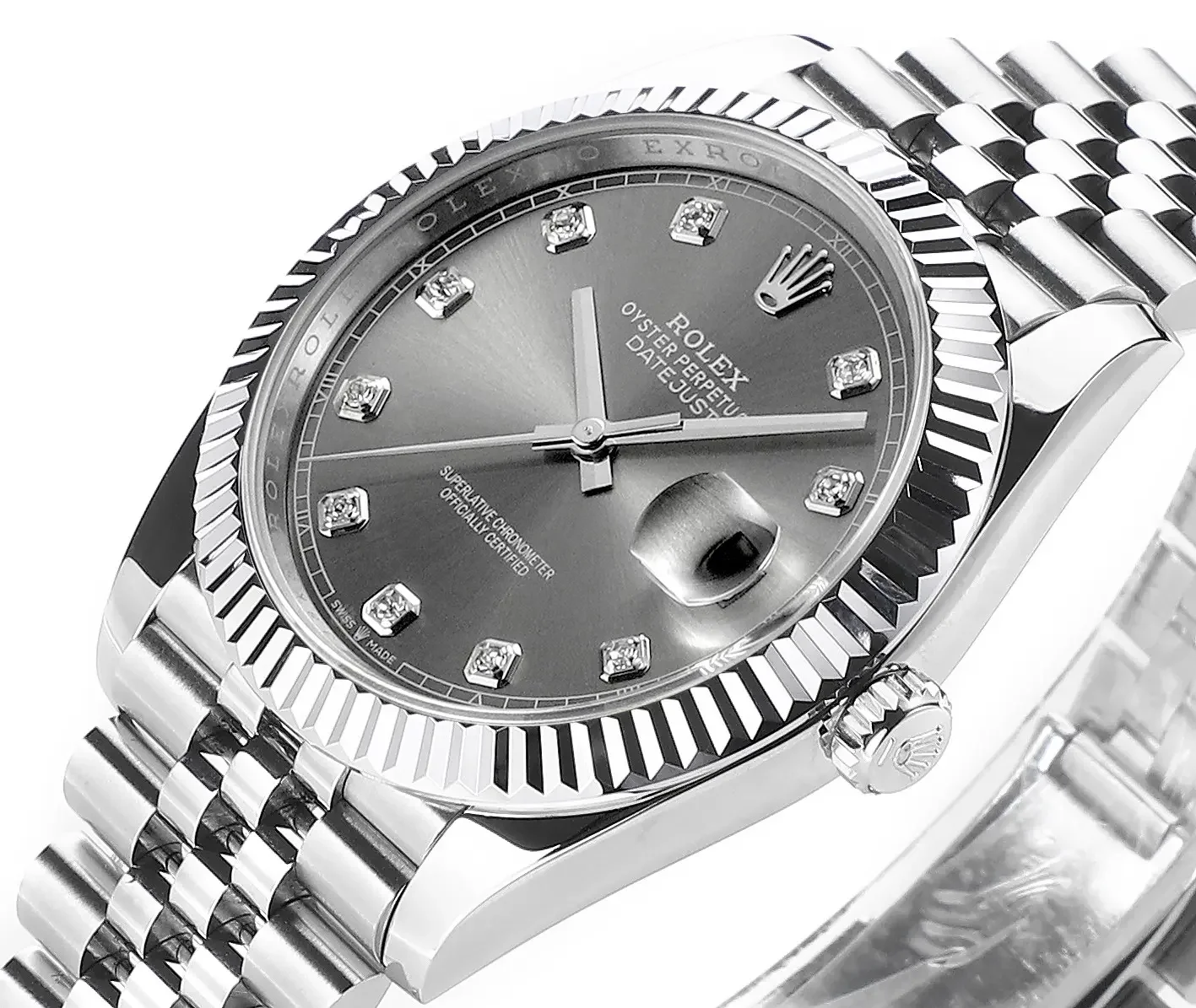 VS Factory Rolex Datejust 41mm Watch - Silver Dial, Diamond Markers, Stainless Steel Jubilee Bracelet, Super Clone VSF Rolex