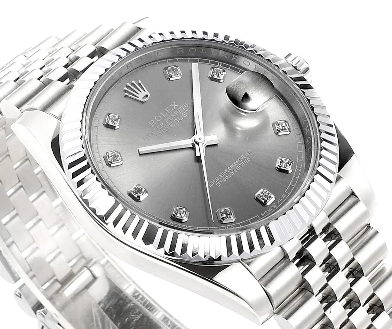 VS Factory Rolex Datejust 41mm Watch - Silver Dial, Diamond Markers, Stainless Steel Jubilee Bracelet, Super Clone VSF Rolex