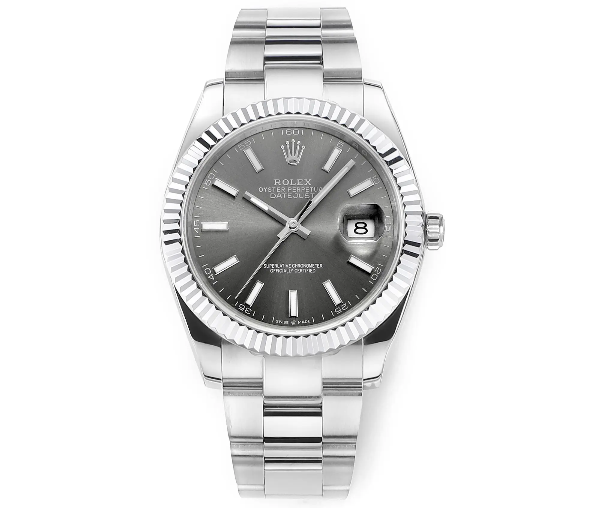 Rolex Datejust 41mm Watch - Silver Fluted Bezel, Grey Dial, Stainless Steel Bracelet, Super Clone VSF Rolex
