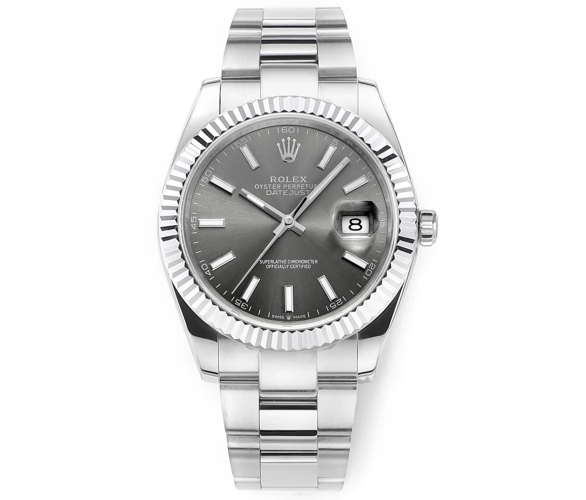 Rolex Datejust 41mm Watch - Silver Fluted Bezel, Grey Dial, Stainless Steel Bracelet, Super Clone VSF Rolex