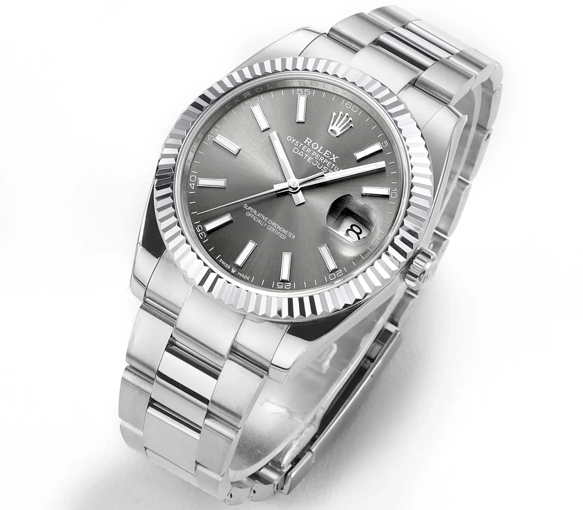 Rolex Datejust 41mm Watch - Silver Fluted Bezel, Grey Dial, Stainless Steel Bracelet, Super Clone VSF Rolex